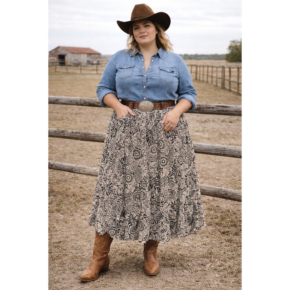 Angie 1X Tiered Peasant Skirt Black Cream Floral Smocked Waist BohoChic Festival